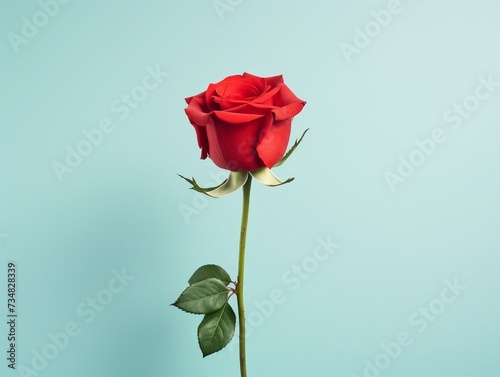 Red rose with leaf on light blue background