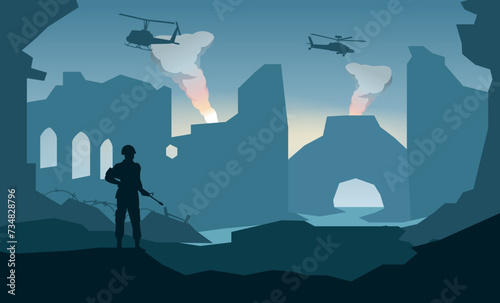 Silhouette design of soldier standing and hold gun in the city after of the war,vector illustration