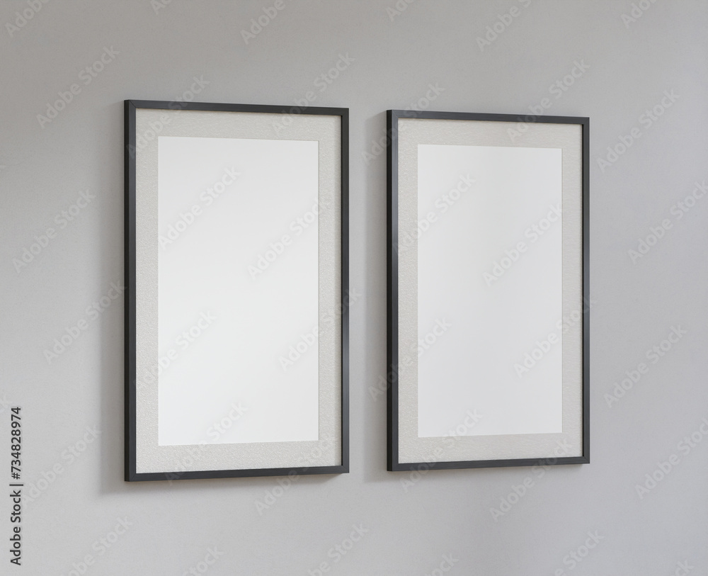 mockup two frame cozy home interior, empty frame and light gray wall background. room 3D rendering. mockup two frame cozy home interior, empty frame and light gray wall background. room 3D rendering.