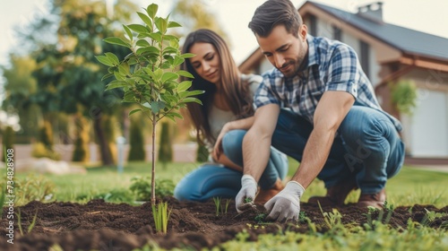 A young beautiful couple plants a tree in their garden