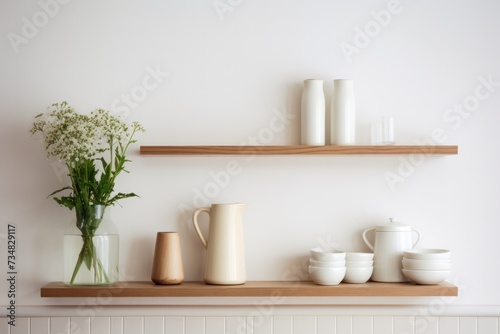 minimal tableware on shelves at scandinavian style kitchen with morning light with white green spring flowers in vase