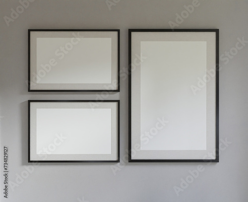 mockup frame cozy home interior, empty frame and light gray wall background. room 3D rendering..