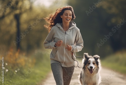 a woman running with her dog on a leash.