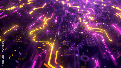 A purple and yellow digital landscape of intricate circuitry glowing lines of code weaving through a vast network of processors. Technology background.