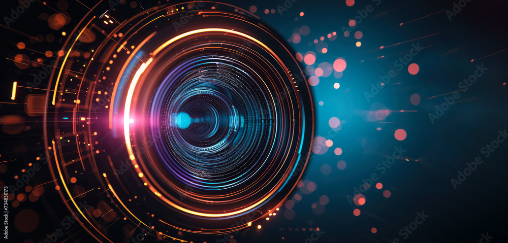 Abstract futuristic camera lens on dark background, space for text - obrazy, fototapety, plakaty 