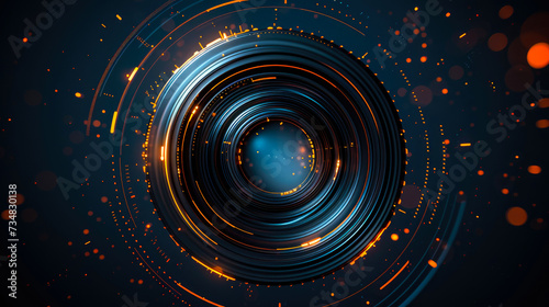 Abstract futuristic camera lens on dark background, place for text
