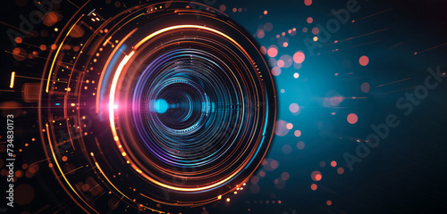 Abstract futuristic camera lens on dark background, space for text