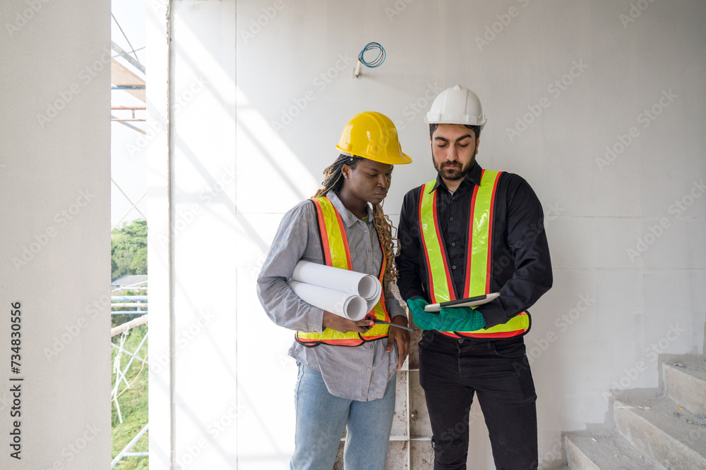 Two construction workers checking work schedule on tablet computer. Wear hardhat and safety vest, stand between stairway in construction site. Two construction workers checking work schedule on tablet computer. Wear hardhat and safety vest, stand between stairway in construction site.