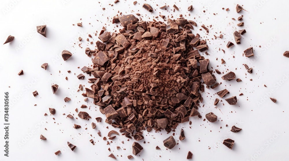 Finely crushed chocolate crumbs: top-down perspective, white background Finely crushed chocolate crumbs: top-down perspective, white background