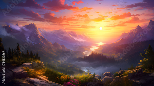 Nature landscape scenery background,, A beautiful sunrise over a lake with mountains and a lake.