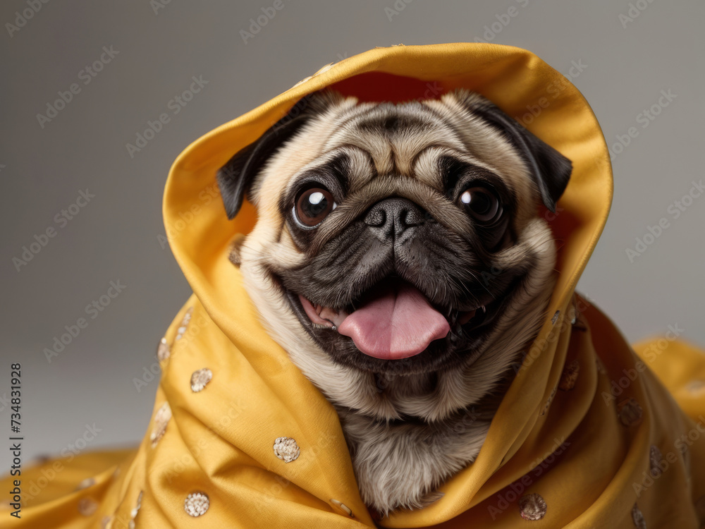 A charismatic pug, embodying the essence of a superhero, leaps with gusto against a backdrop of vivid yellow, symbolizing the spirit of adventure and courage. Ai Generative