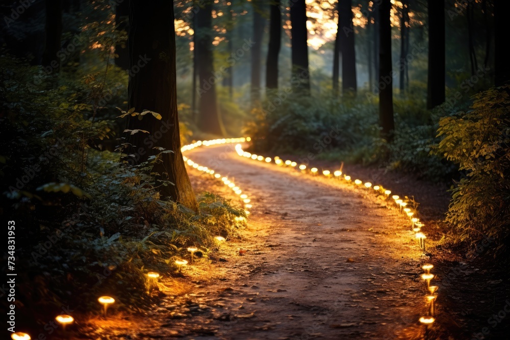 Obraz premium Winding Path Bokeh: A path through the woods.