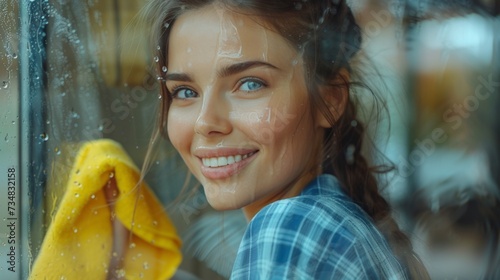 A young beautiful woman in a checkered blue shirt washes a window with a brig...