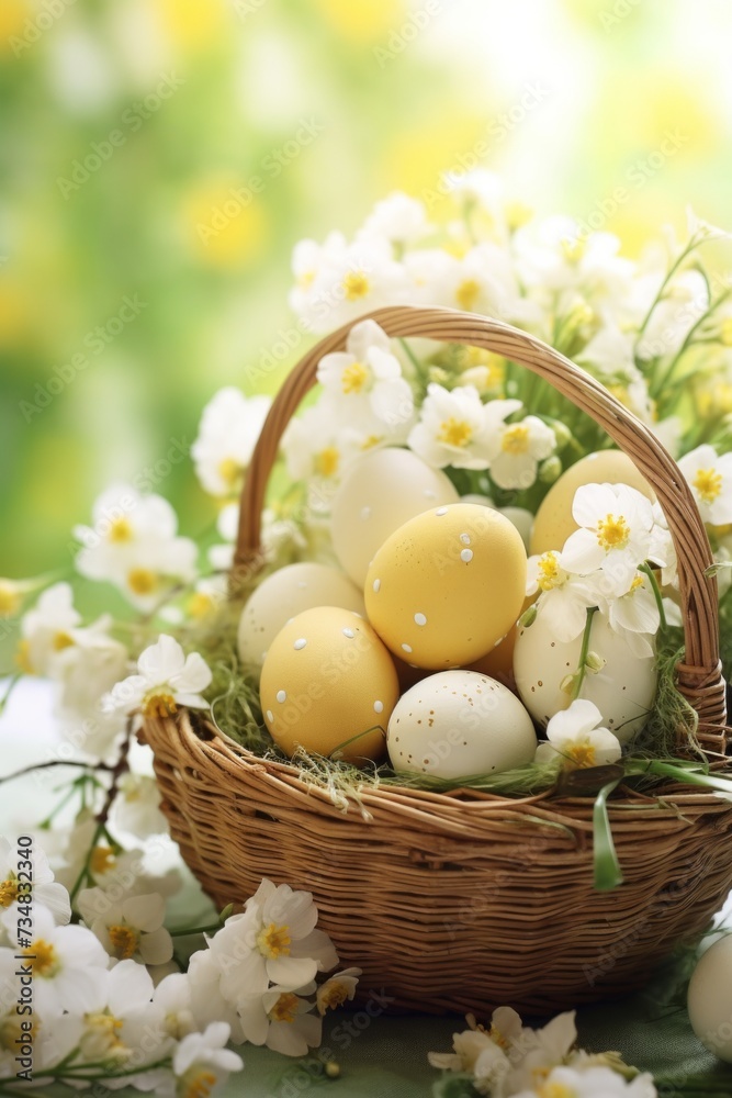 basket of easter eggs and flowers,