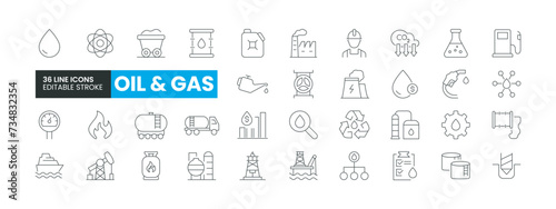 Set of 36 Oil and Gas line icons set. Oil and Gas outline icons with editable stroke collection. Includes Oil Tanker, Worker, Factory, Nuclear Plant, Sea Port, and More.