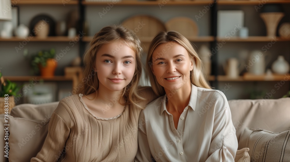 Happy older mature mother and daugther hugging, enjoying time at home together Happy older mature mother and daugther hugging, enjoying time at home together