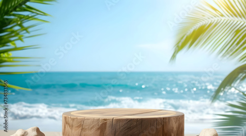 Summer product display on wooden podium at sea tropical beach