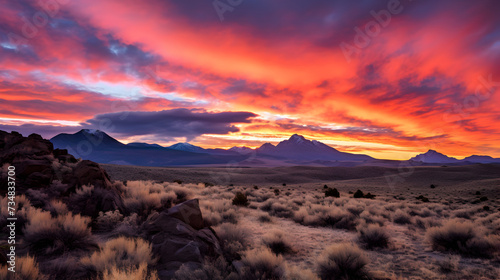 Evening desert at red pink sunset ,, Sunset over the desert with mountains in the background