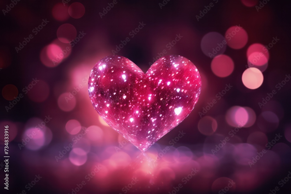 pink glitter 3d render heart shape horizontal banner with festive bokeh and copy space. Valentine day poster.