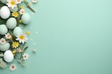 Banner with  eggs and flowers on the light blue background.  Easter time. 