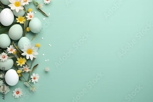 Banner with  eggs and flowers on the light blue background.  Easter time.  photo