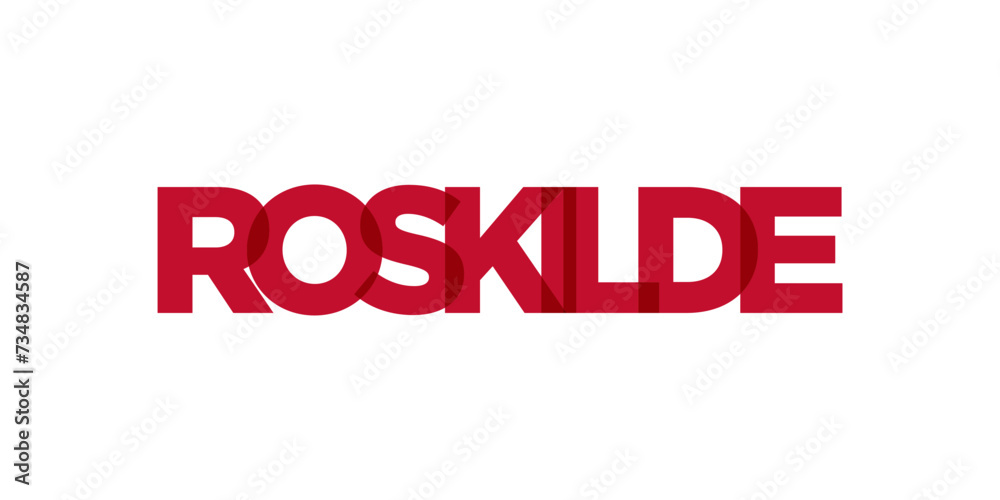 Roskilde in the Denmark emblem. The design features a geometric style, vector illustration with bold typography in a modern font. The graphic slogan lettering.