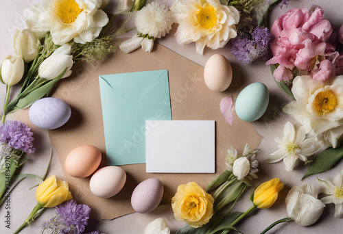 A festive spring equinox flat lay featuring pastel eggs, a variety of fresh flowers, and a card  © Anna