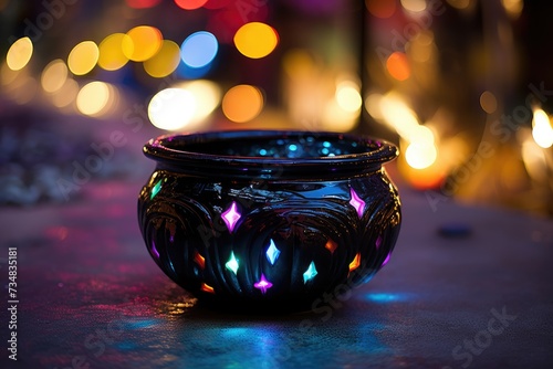 Black Cauldron Bokeh: A black cauldron emitting colorful lights.
