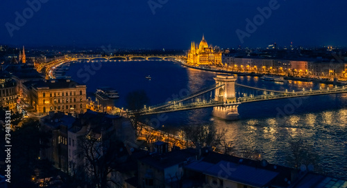 Panoramic view on illuminated Budapest in evening, Hungary © babaroga