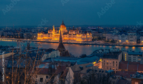Panoramic view on illuminated Budapest in evening  Hungary