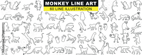 Monkey Line Art Collection  60 unique  playful  artistic illustrations. Perfect for prints  decor  children   s books. Captivating designs  enhancing visual appeal