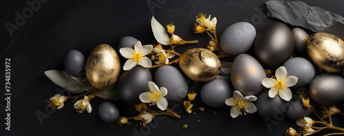 Easter Decoration. Golden Eggs on Dark Shale Background