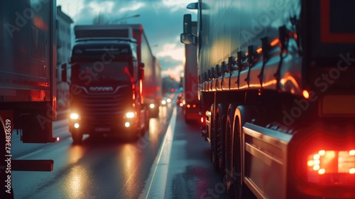 Twilight Haulage with Illuminated Trucks on Urban Road