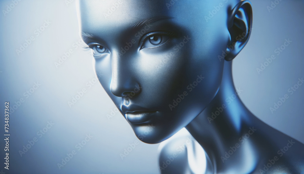 AI generated illustration of a sleek digital sculpture of a woman's face with a metallic finish AI generated illustration of a sleek digital sculpture of a woman's face with a metallic finish