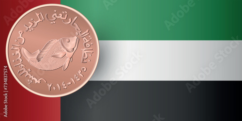 Obverse of five fils UAE bronze coin with the UAE flag. Vector illustration.
