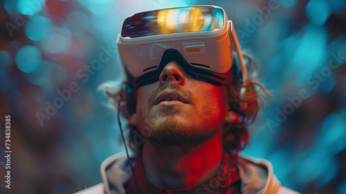 Concept of virtual reality, three-dimensional technology, entertainment, cyberspace, and people - happy young man wearing virtual reality glasses or a virtual reality headset