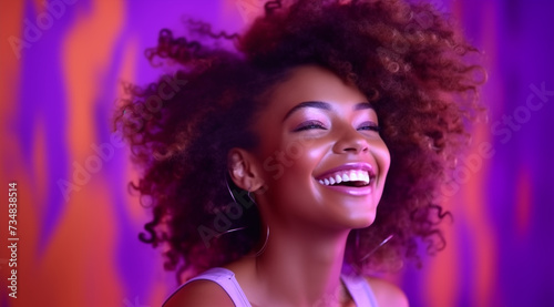 abstract afro american woman smiling against purple background