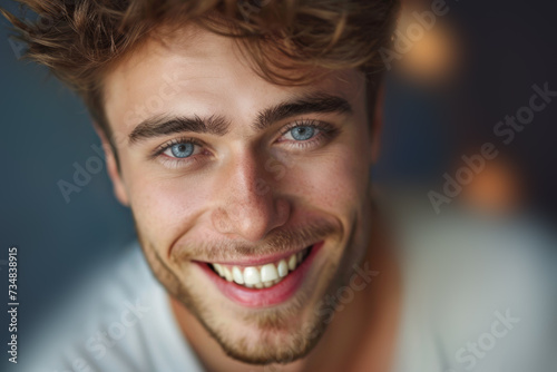A close-up photograph capturing the genuine smile of a man with striking blue eyes. © bluebeat76