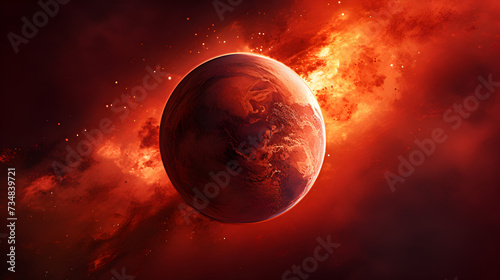 planet in space,, A planet in space with a red background 