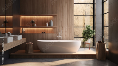 Modern bathroom interior with wooden decor in eco style