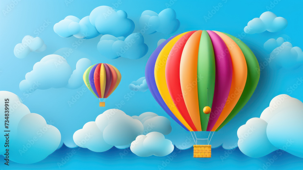 Fototapeta premium hot air balloon, cloud and rainbow blue sky background