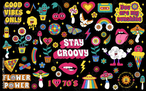Groovy set. Groovy hippie 70s set. Sticker pack in trendy retro psychedelic cartoon style. Isolated vector illustration