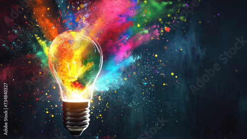 Creative concept light bulb broken explodes with colorful powder colors on a light dark background