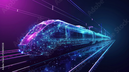 Digital low poly wireframe  futuristic high-speed train. Future logistics modern technology, transport concept Abstract 3d blue purple  connected dots  color mesh photo