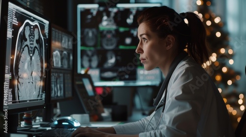 A female doctor is working on a computer in the doctor's office hospital, looking at the MRI scan test results of the patient. Doctors consult with other doctors.