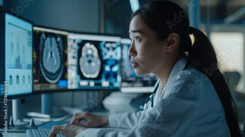 A female doctor is working on a computer in the doctor's office hospital, looking at the MRI scan test results of the patient. Doctors consult with other doctors.