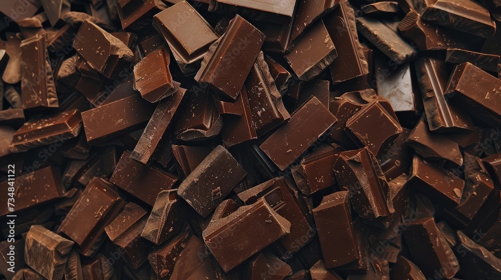 Haphazardly scattered pile of chocolate bars, rich brown hues, tempting indulgence