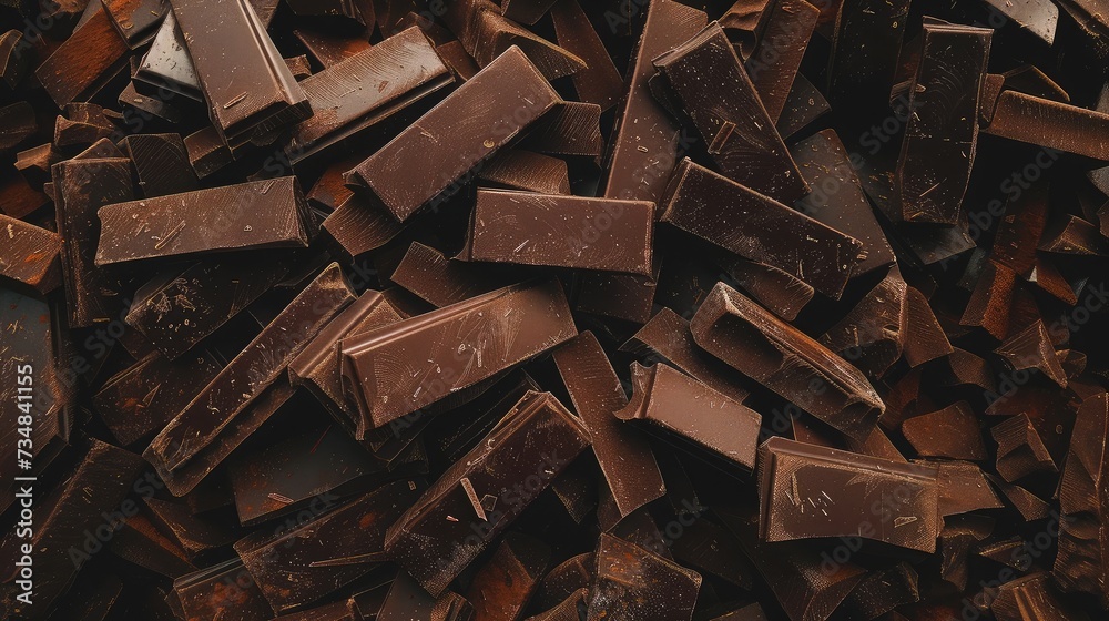 Haphazardly scattered pile of chocolate bars, rich brown hues, tempting indulgence Haphazardly scattered pile of chocolate bars, rich brown hues, tempting indulgence