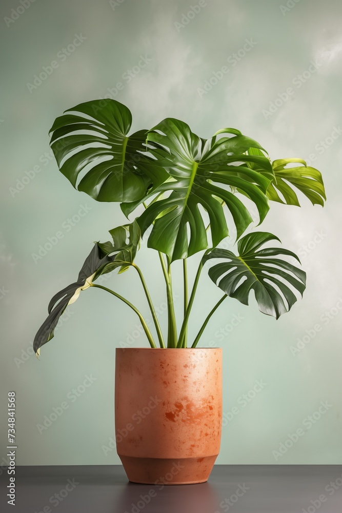 Obraz premium AI generated illustration of a Monstera plant in a pot next to a wall with clouds