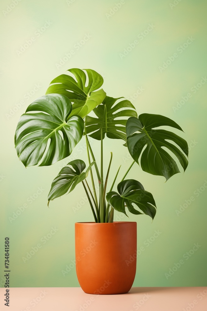 AI generated illustration of a Monstera plant in a vase on a green background AI generated illustration of a Monstera plant in a vase on a green background
